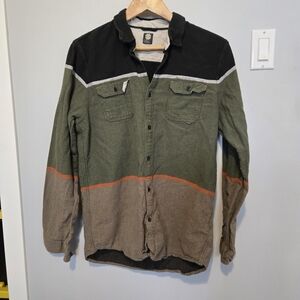 Striped Colorblock Button-Up Shirt — Black, Olive, Brown with Orange Accent